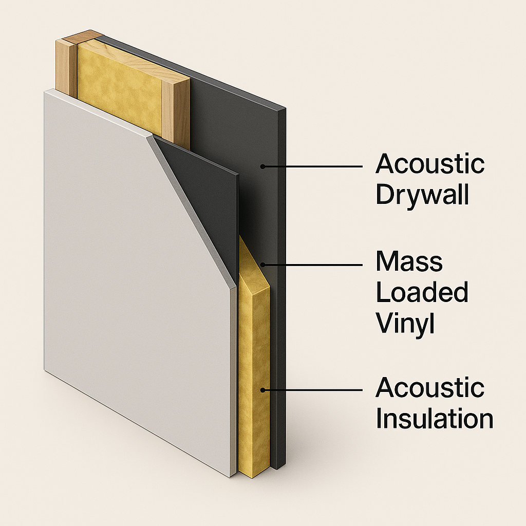 3D wall section with layer labels acoustic insulation, mass loaded vinyl, acoustic drywall